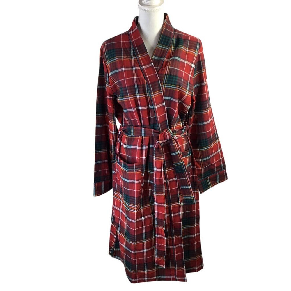 The Company Store NWT Robe Plaid Flannel Women's Large Red Pockets 100% Cotton